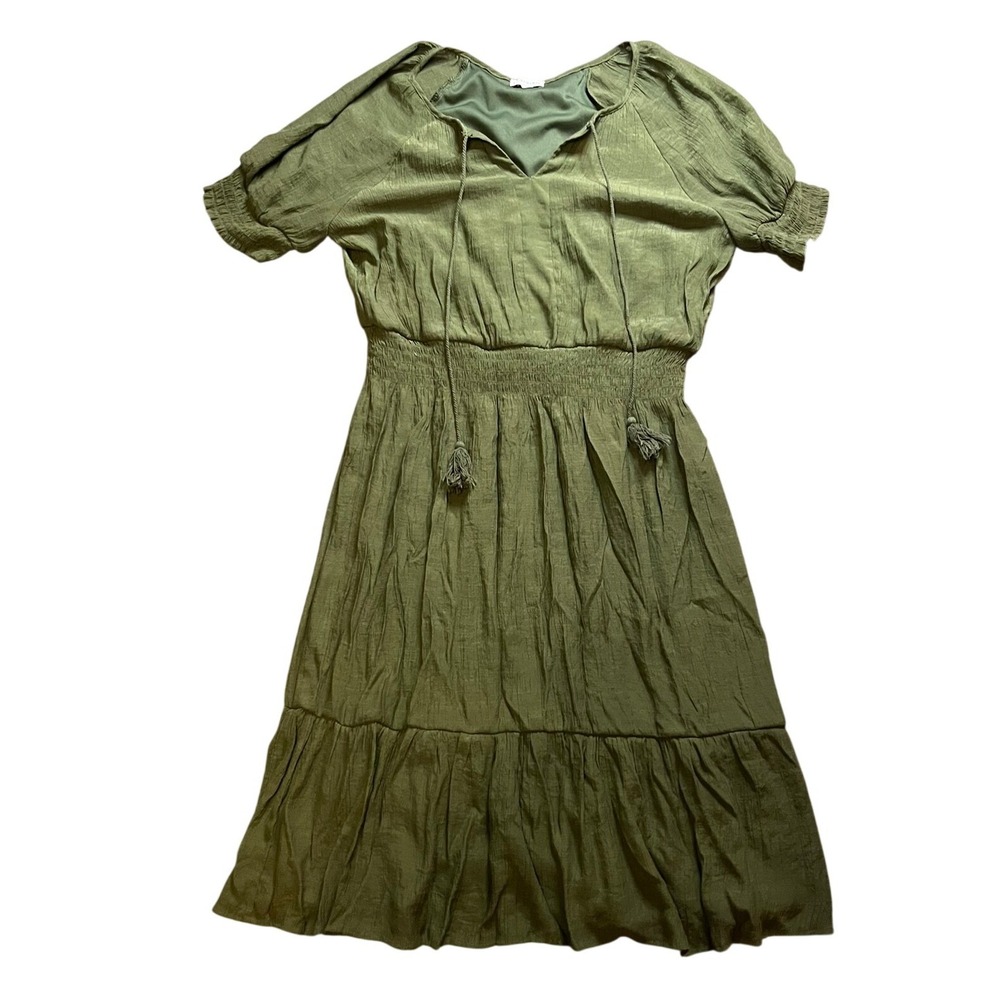Luxology Boho Olive Green Smocked Waist Tassel V-Neck Tiered Midi Dress XL Fairy